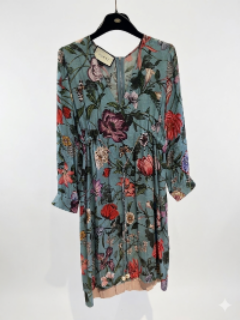 Vestido corto seda Gucci Flora Snake estampado floral pre-loved